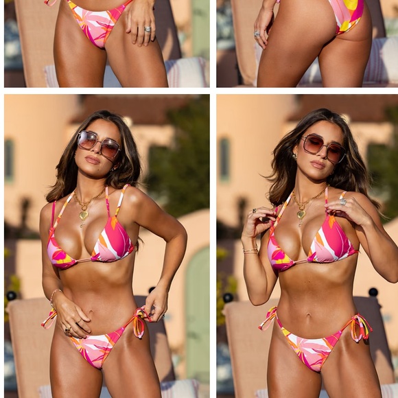 New Cupshe x JJD Villa Vibes Tropical Pink Floral Side Tie Triangle Bikini Set - Picture 3 of 7